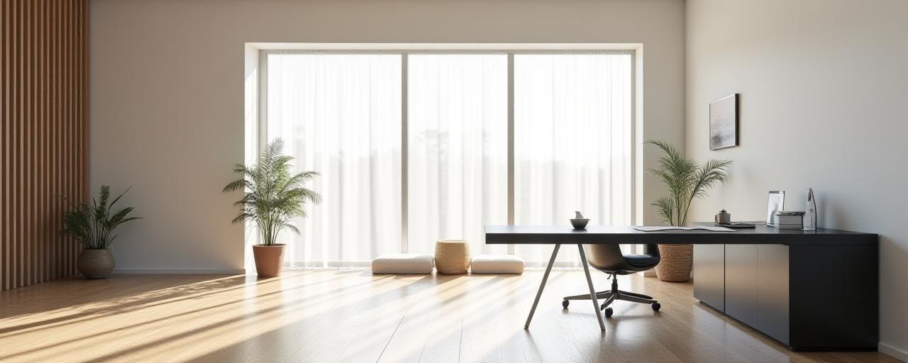 Modern minimal home office with bold black furniture and natural light