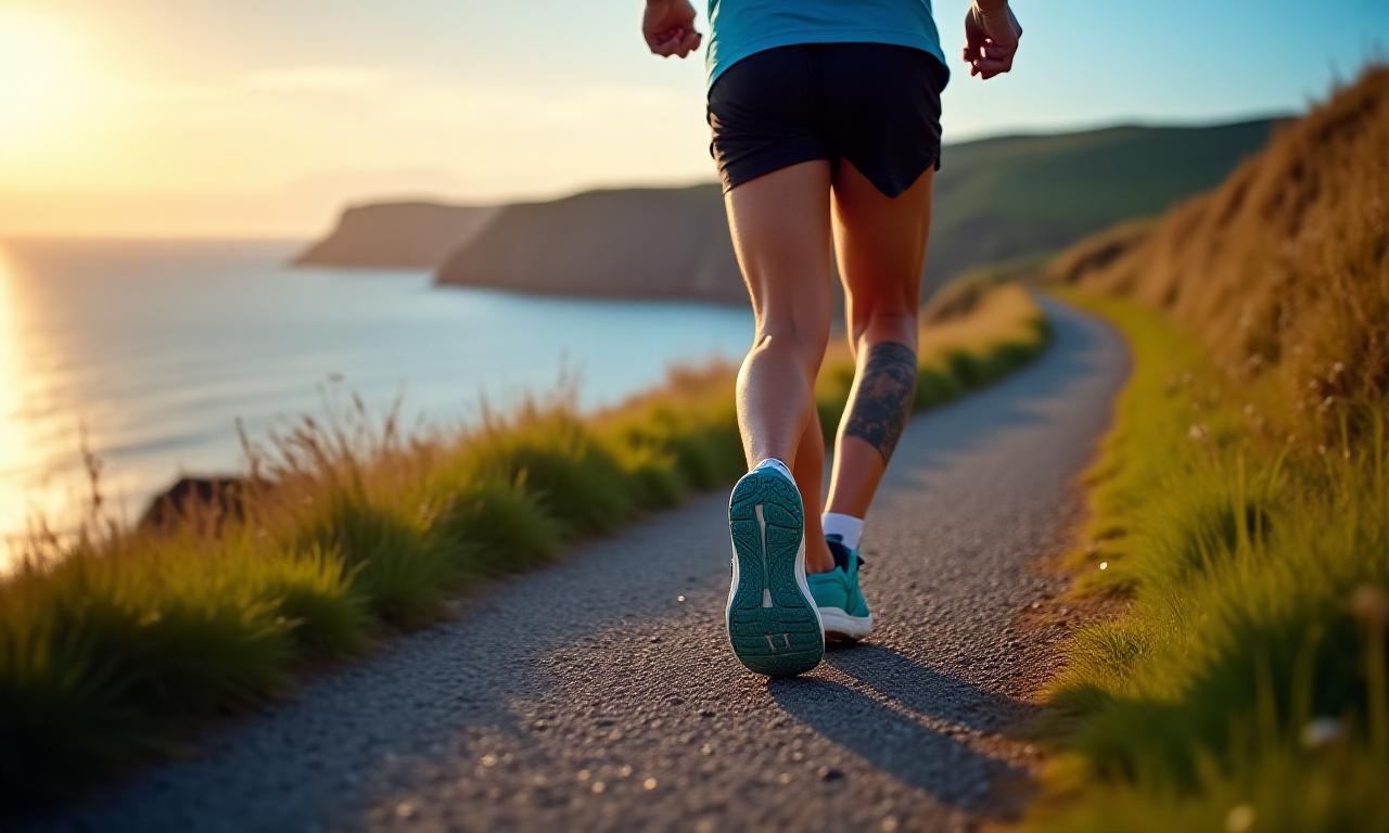 Runner on a coastal path in Ireland wearing premium trainers